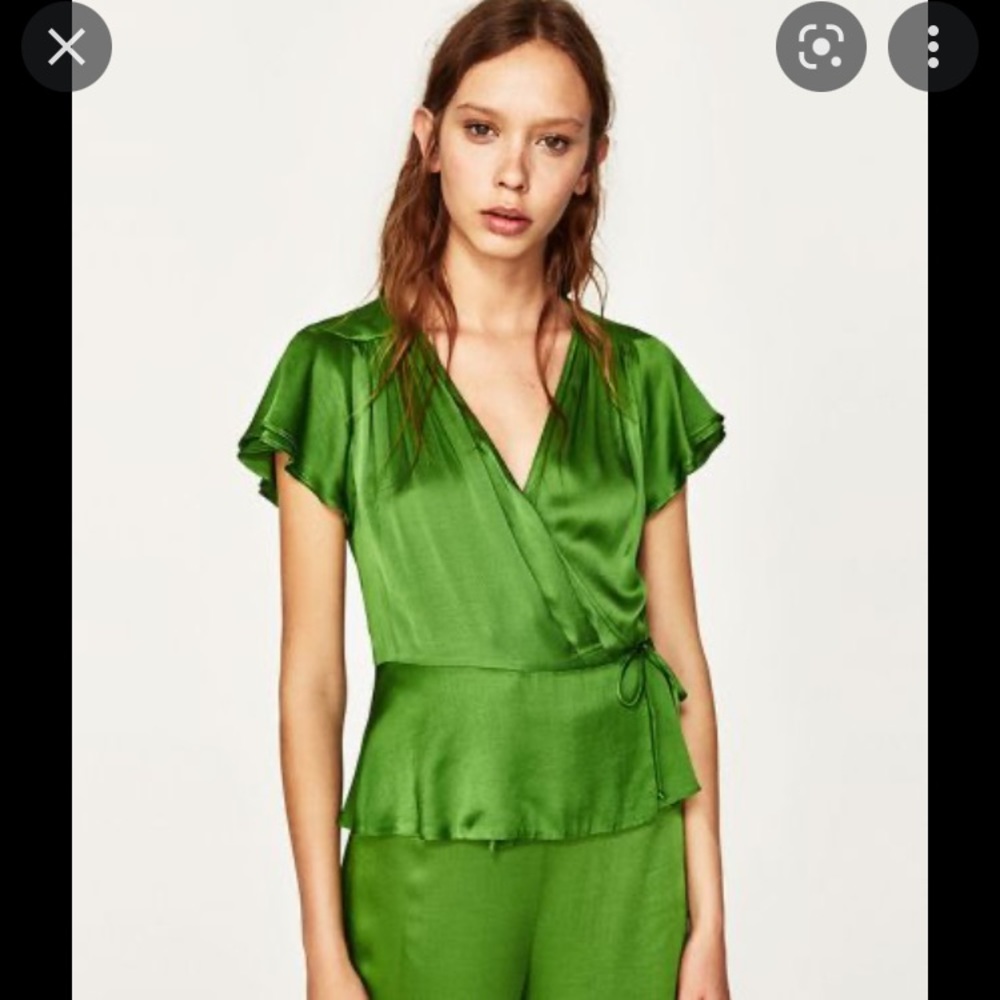 Zara Satin Effect Green Wrap Tie Strings Shirt